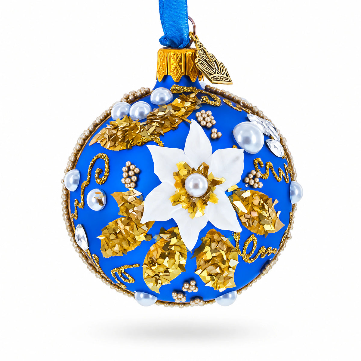 Baroque Style White Petal Flower with Gold Scrolls & Jeweled Accents Glass Ball Christmas Ornament
