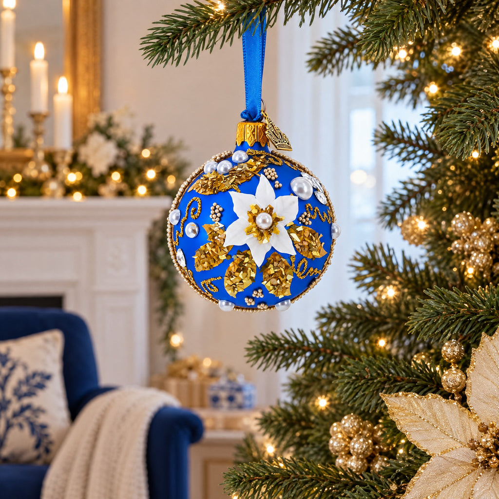 Baroque Style White Petal Flower with Gold Scrolls & Jeweled Accents Glass Ball Christmas Ornament