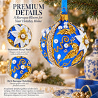 Baroque Style White Petal Flower with Gold Scrolls & Jeweled Accents Glass Ball Christmas Ornament
