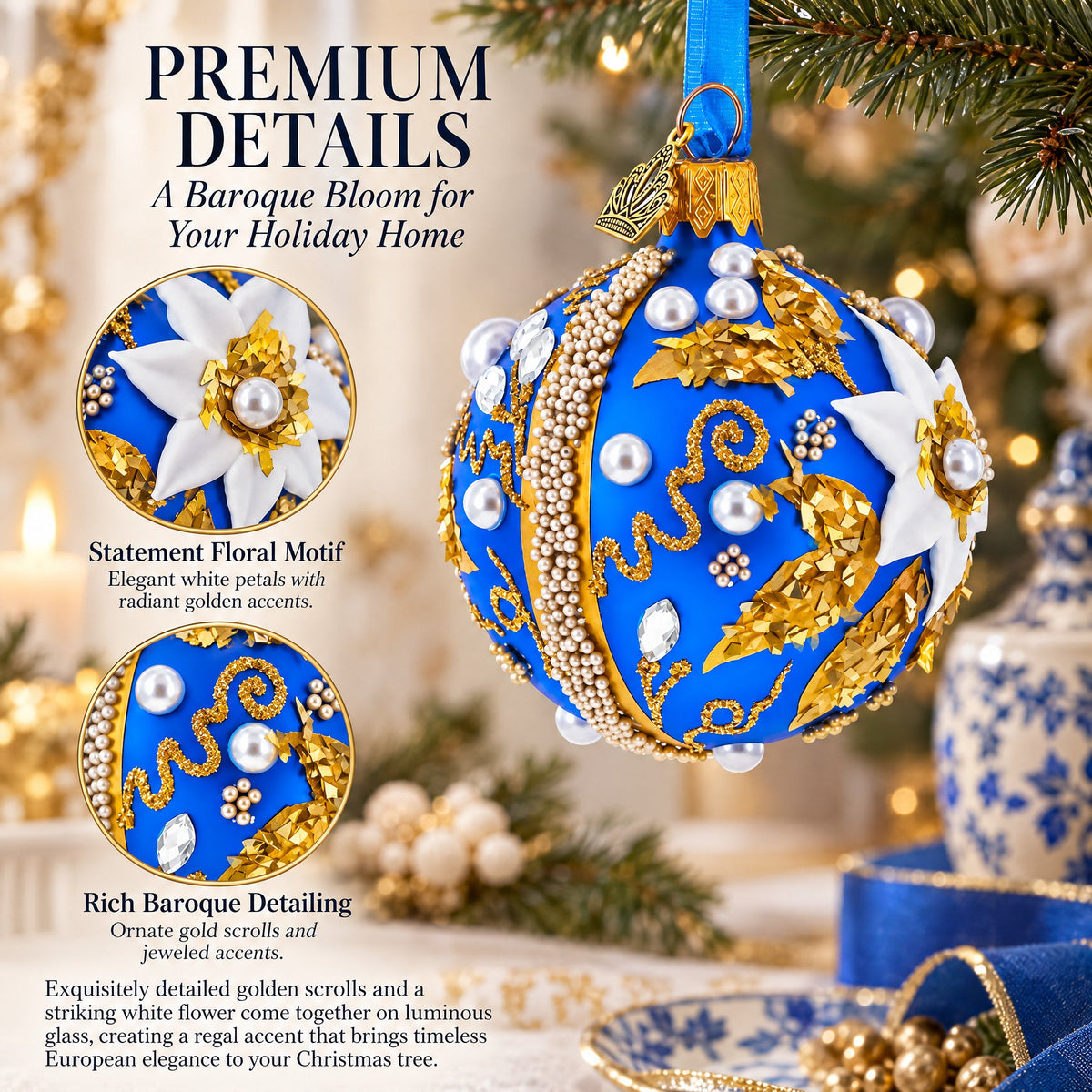 Baroque Style White Petal Flower with Gold Scrolls & Jeweled Accents Glass Ball Christmas Ornament