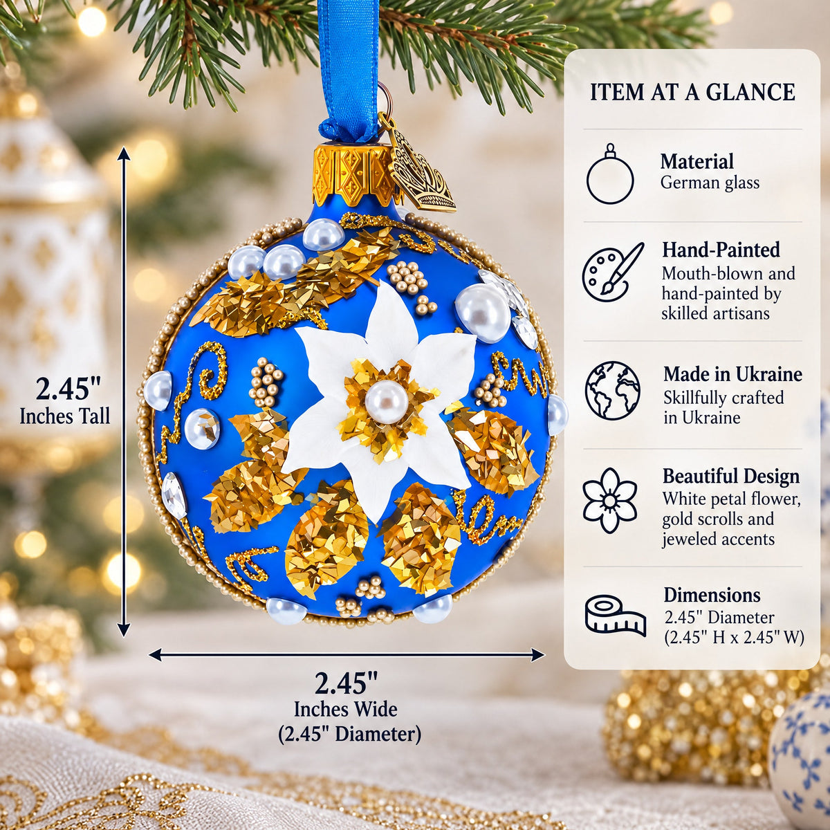 Baroque Style White Petal Flower with Gold Scrolls & Jeweled Accents Glass Ball Christmas Ornament