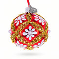 White Glitter Daisies and Pearls on Glossy Red with Gold Trim Glass Ball Christmas Ornament