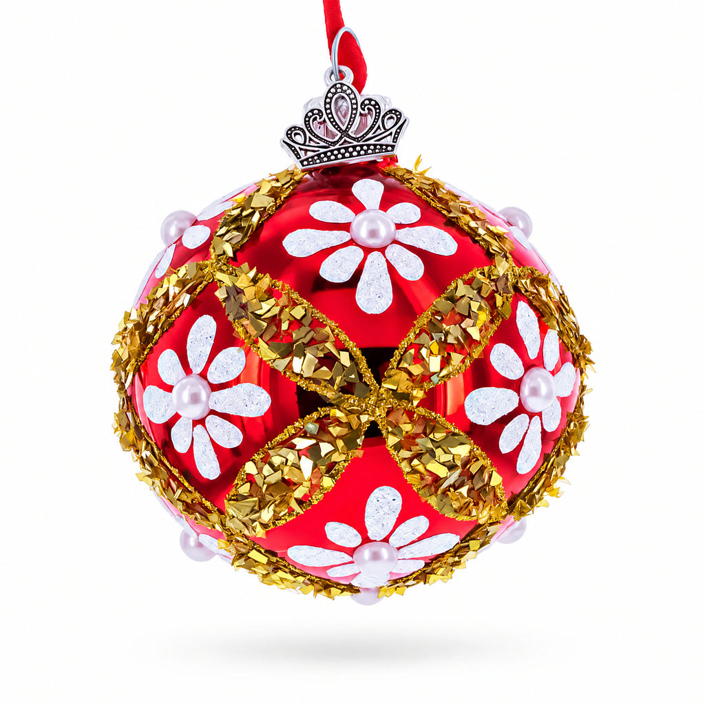 White Glitter Daisies and Pearls on Glossy Red with Gold Trim Glass Ball Christmas Ornament