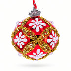 White Glitter Daisies and Pearls on Glossy Red with Gold Trim Glass Ball Christmas Ornament