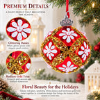 White Glitter Daisies and Pearls on Glossy Red with Gold Trim Glass Ball Christmas Ornament