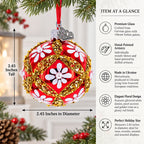 White Glitter Daisies and Pearls on Glossy Red with Gold Trim Glass Ball Christmas Ornament