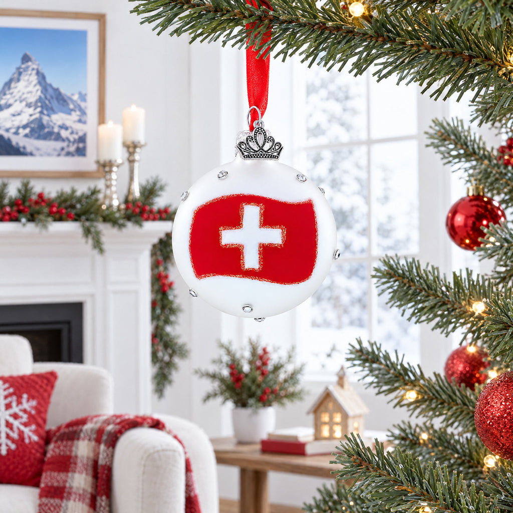 Swiss Flag Crystal Accents on Glass Ball Christmas Ornament