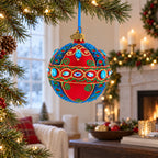 Blue Gem Accents and Gold Swirls on Red Glass Ball Christmas Ornament 3.25 Inches