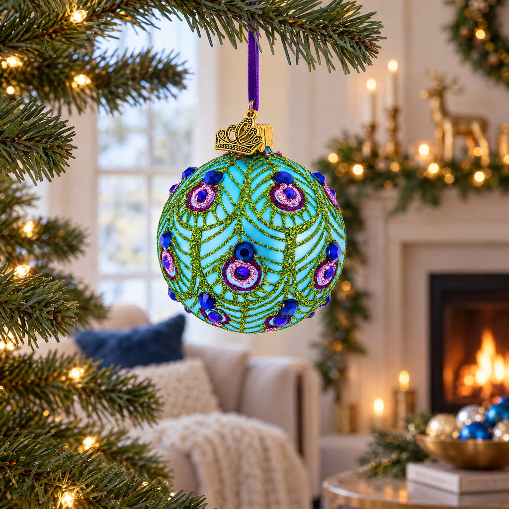 Blue Ball with Glittered Peacock Feather Design Glass Ball Christmas Ornament
