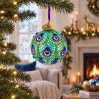 Blue Ball with Glittered Peacock Feather Design Glass Ball Christmas Ornament