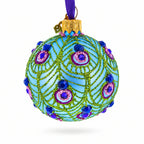 Blue Ball with Glittered Peacock Feather Design Glass Ball Christmas Ornament