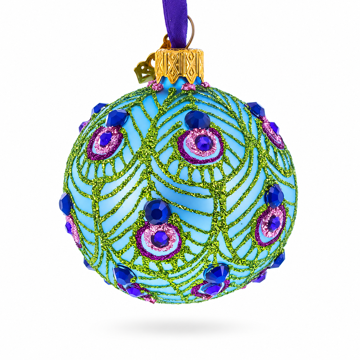 Blue Ball with Glittered Peacock Feather Design Glass Ball Christmas Ornament