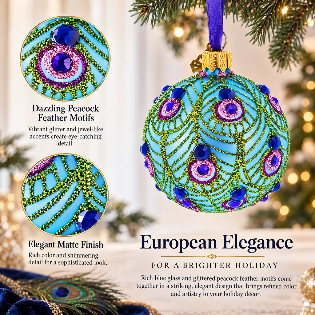 Blue Ball with Glittered Peacock Feather Design Glass Ball Christmas Ornament
