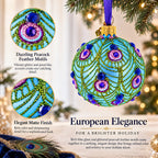 Blue Ball with Glittered Peacock Feather Design Glass Ball Christmas Ornament