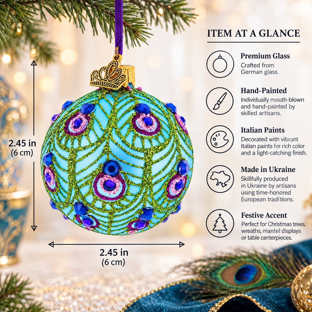 Blue Ball with Glittered Peacock Feather Design Glass Ball Christmas Ornament
