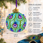 Blue Ball with Glittered Peacock Feather Design Glass Ball Christmas Ornament