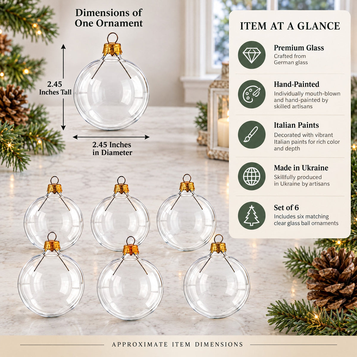 Set of 6 Clear Glass Ball Christmas Ornaments 2.4 Inches