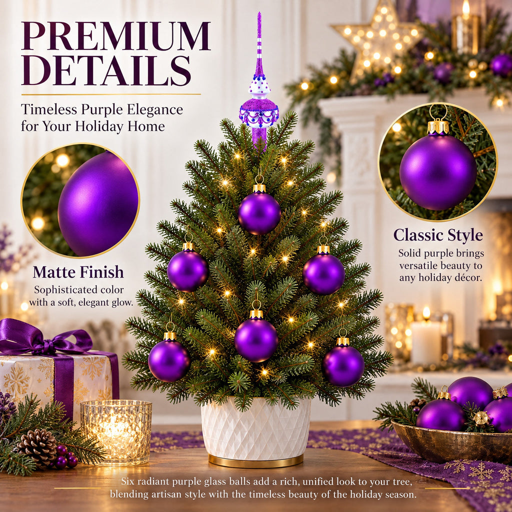 Set of 6 Matte Purple Glass Ball Christmas Ornaments 2.4 Inches