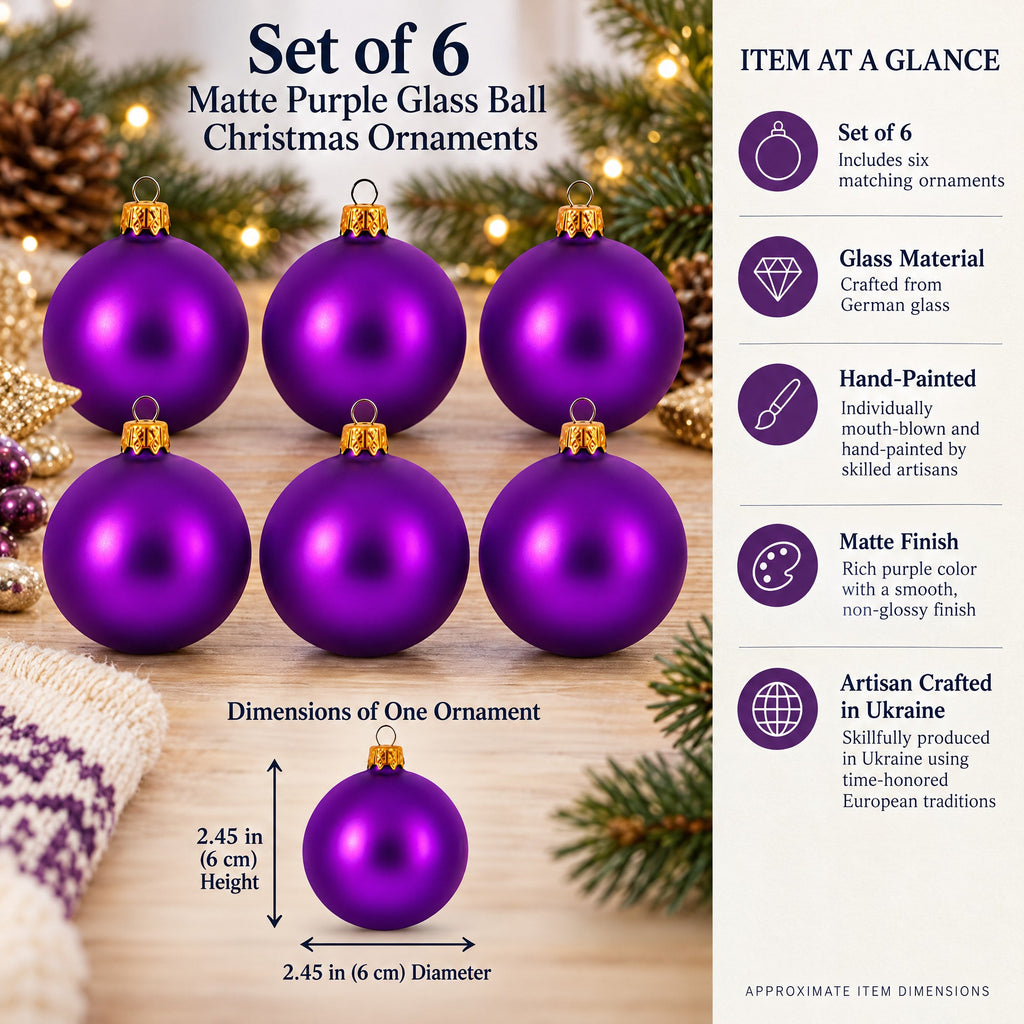 Set of 6 Matte Purple Glass Ball Christmas Ornaments 2.4 Inches