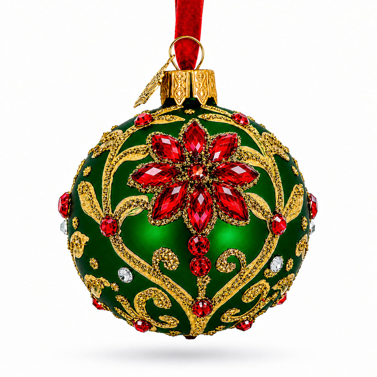 Jeweled Emerald Green Poinsettia Glass Ball Christmas Ornament