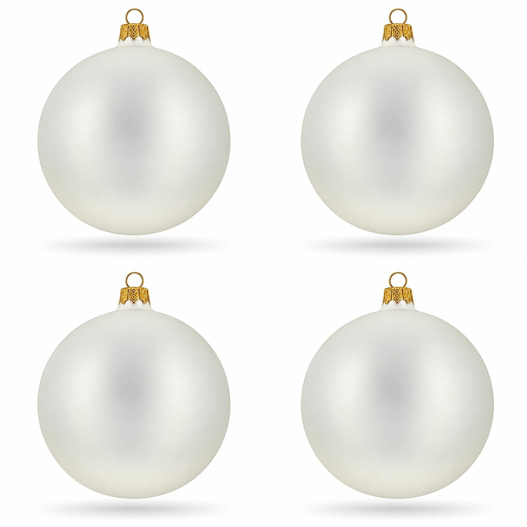 Set of 4 Thick White Glass Ball Christmas Ornaments 4 Inches (025)