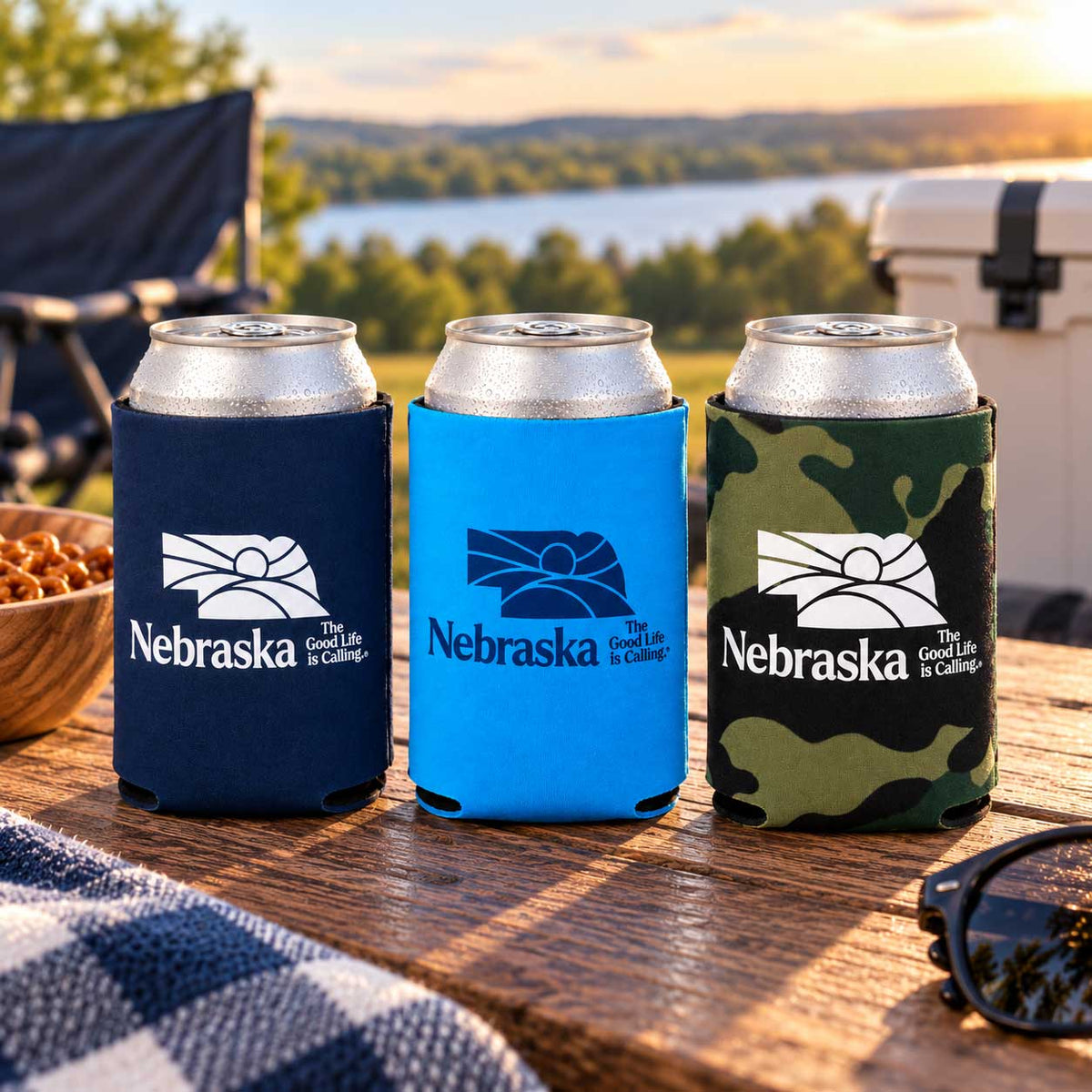 Neon Blue The Good Life Is Calling Koozie | Nebraska Department of Economic Development
