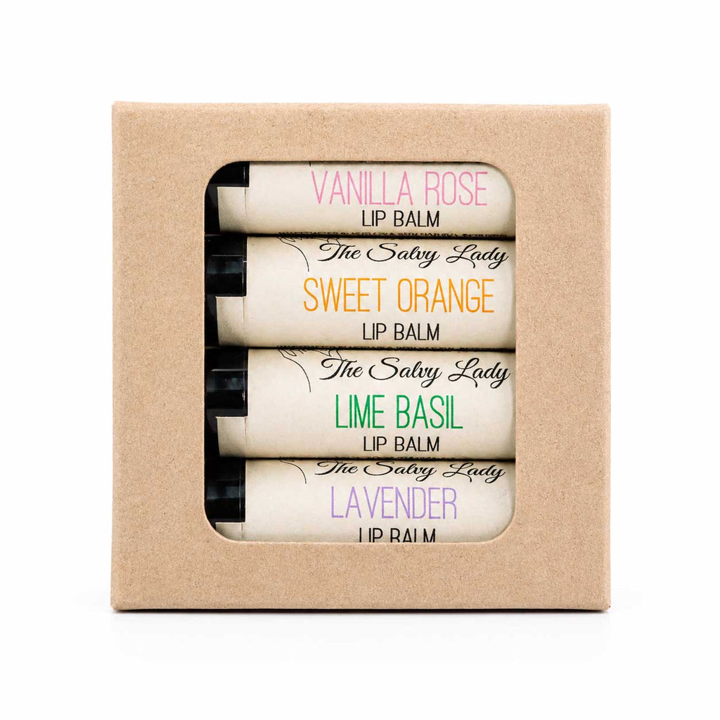 Lip Balm Set | Pack of 4 | Sweet Orange, Vanilla Rose, Lime Basil, And Lavender Scents | The Salvy Lady