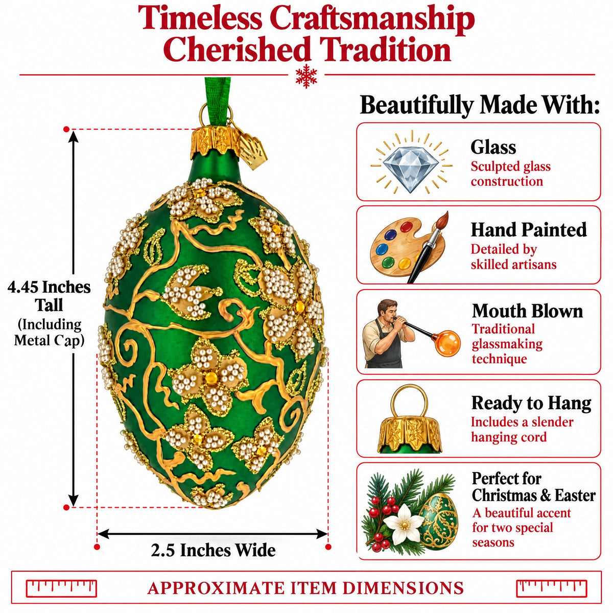 Green Jeweled Glitter Scrollwork Glass Egg Christmas Ornament