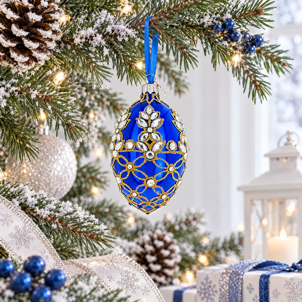Blue Jeweled Floral Glass Egg Christmas Ornament