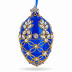 Blue Jeweled Floral Glass Egg Christmas Ornament