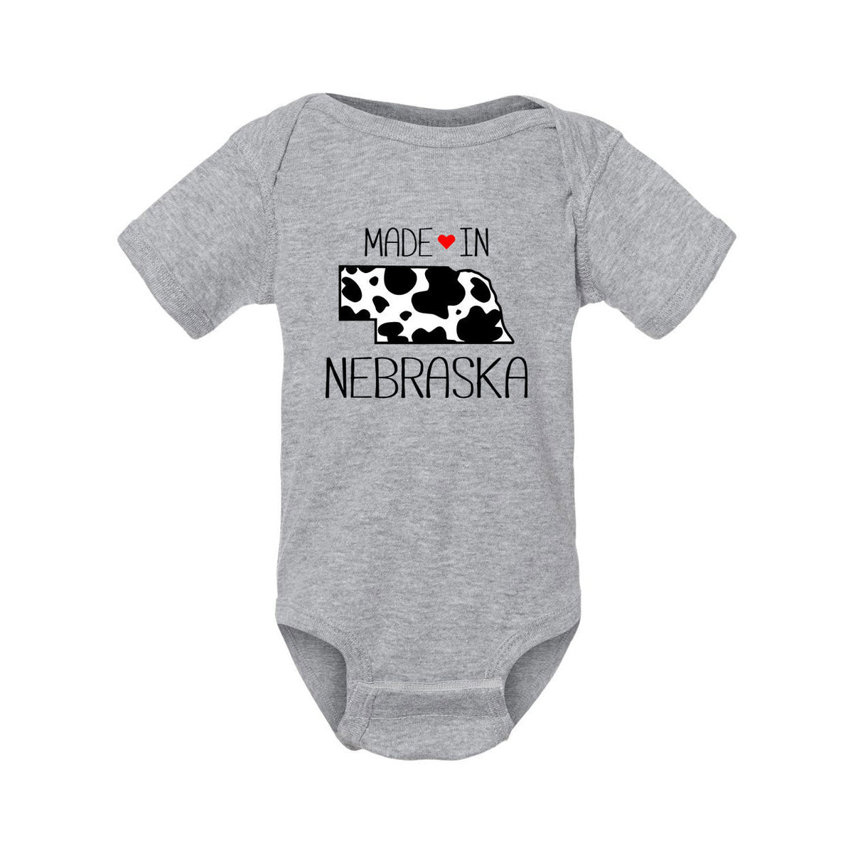 “Made in Nebraska” Cow Print Baby Onesie | Multiple Sizes | Nature Finds & Designs