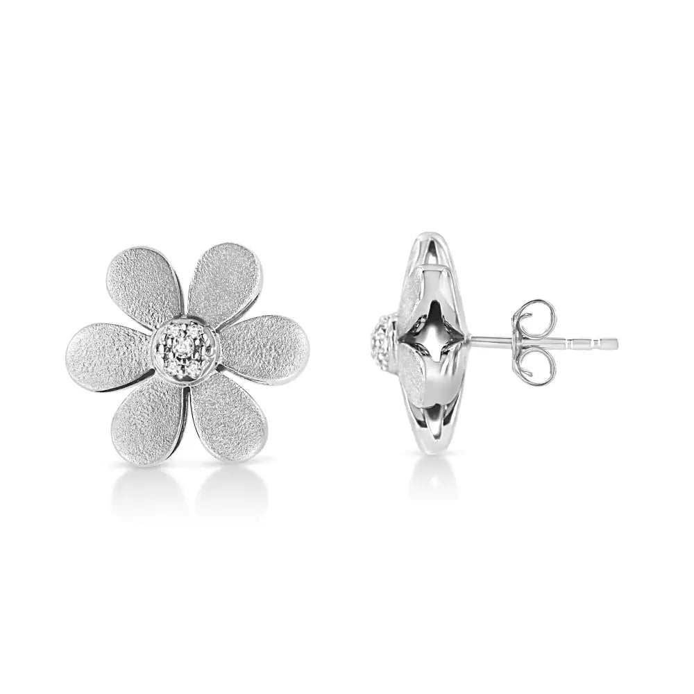 Diamond flower stud earrings in matte sterling silver 1/20 cttw bijoux-nyc direct