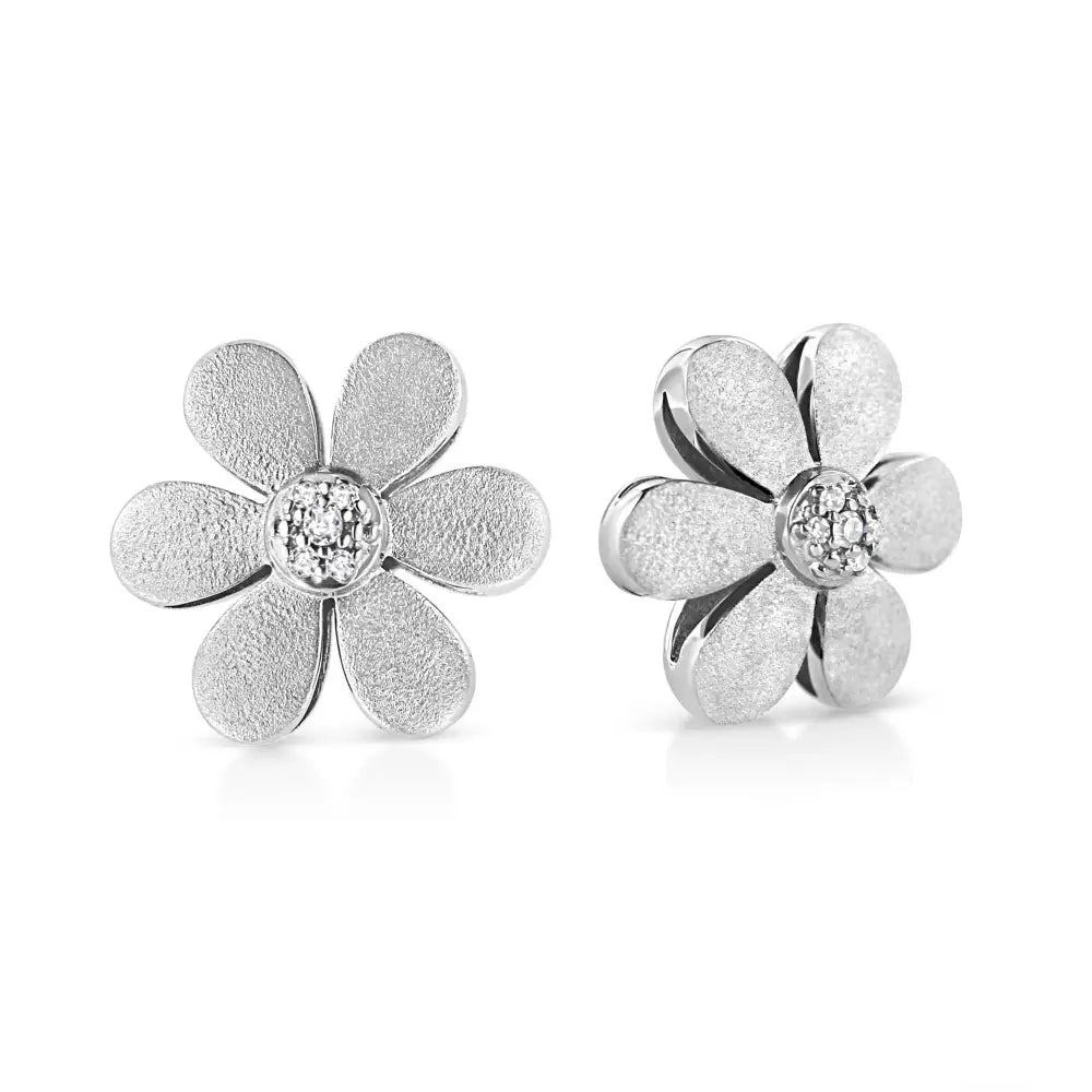 Diamond flower stud earrings in matte sterling silver 1/20 cttw bijoux-nyc direct