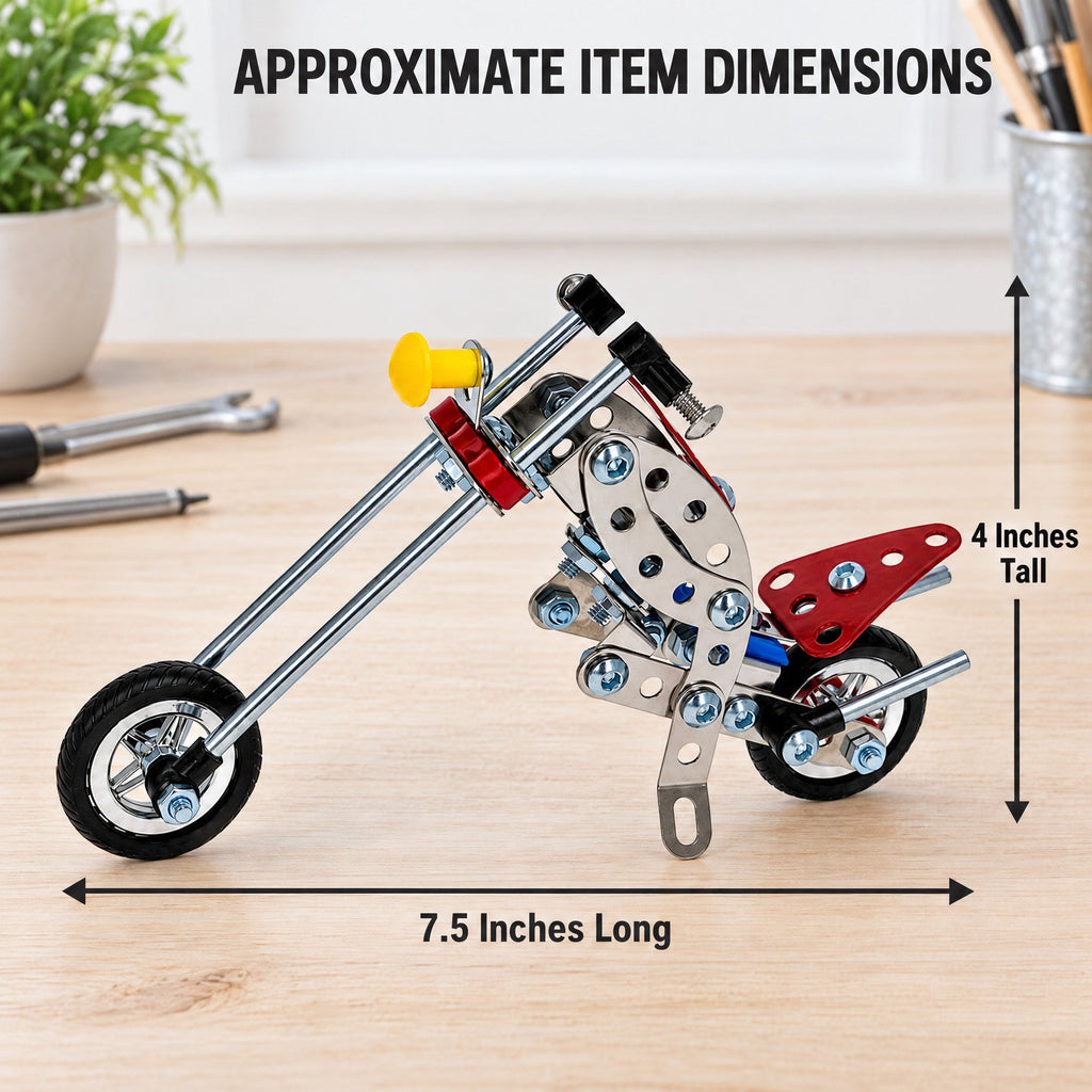 Metal Motorcycle Model Kit Buildable Chopper Toy with Bolts & Tools DIY  (105 Pieces) 7.5 Inches