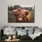 Retro Floral Crown Highland Cow Canvas Wall Art
