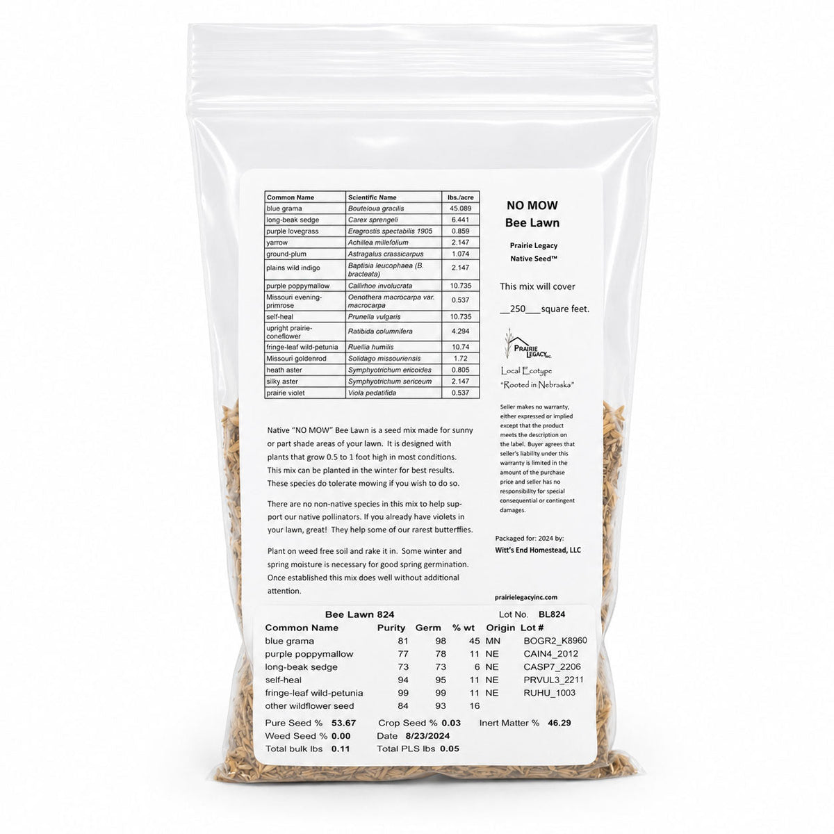No Mow Bee Lawn Native Seed Wildflower Mix | 1.76 oz | Prairie Legacy Inc.