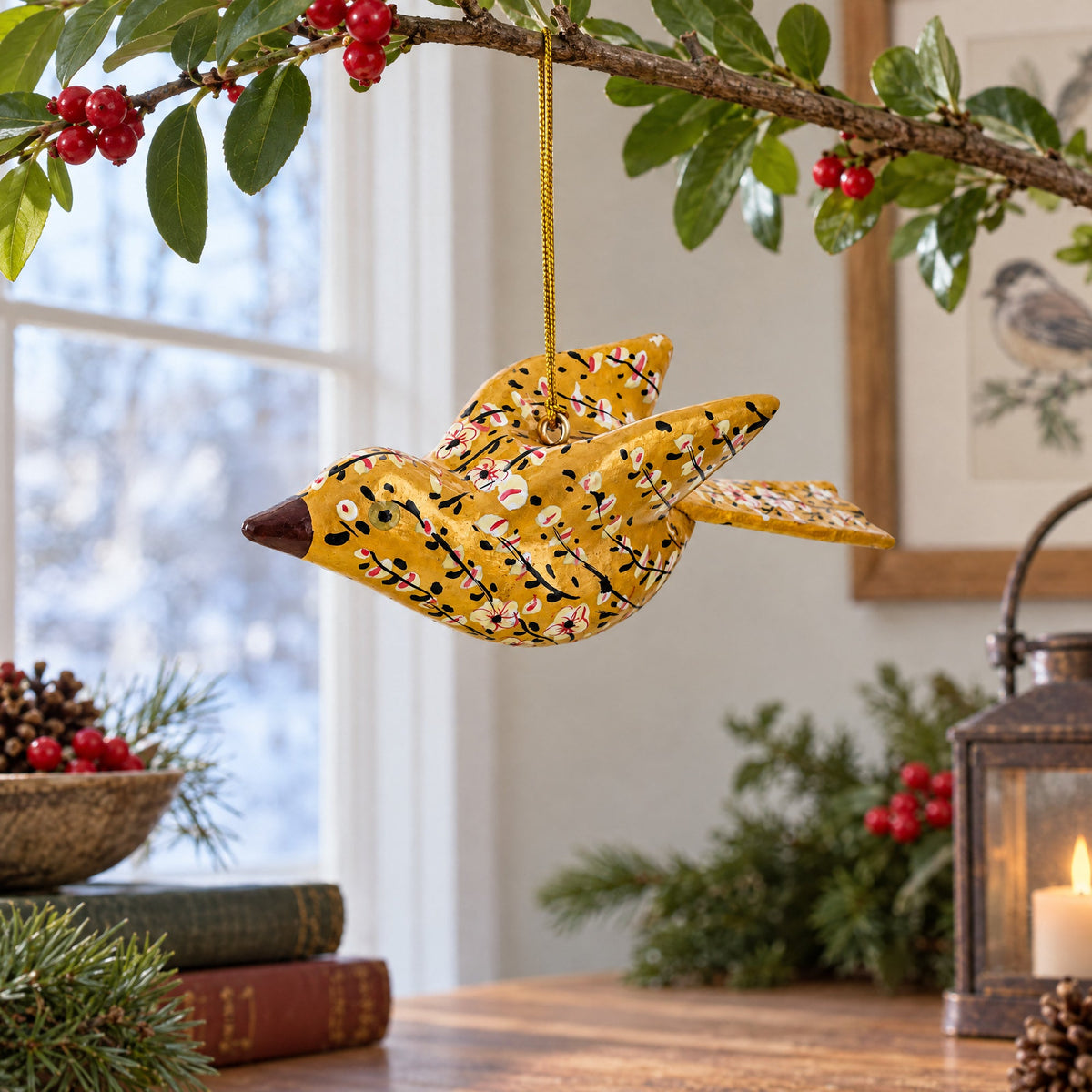 6-Inch Long Golden Bird Wooden Christmas Ornament