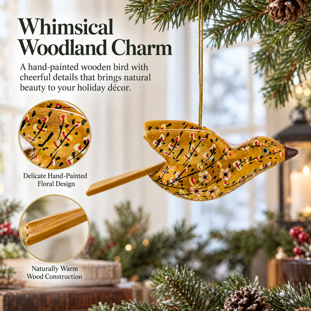 6-Inch Long Golden Bird Wooden Christmas Ornament