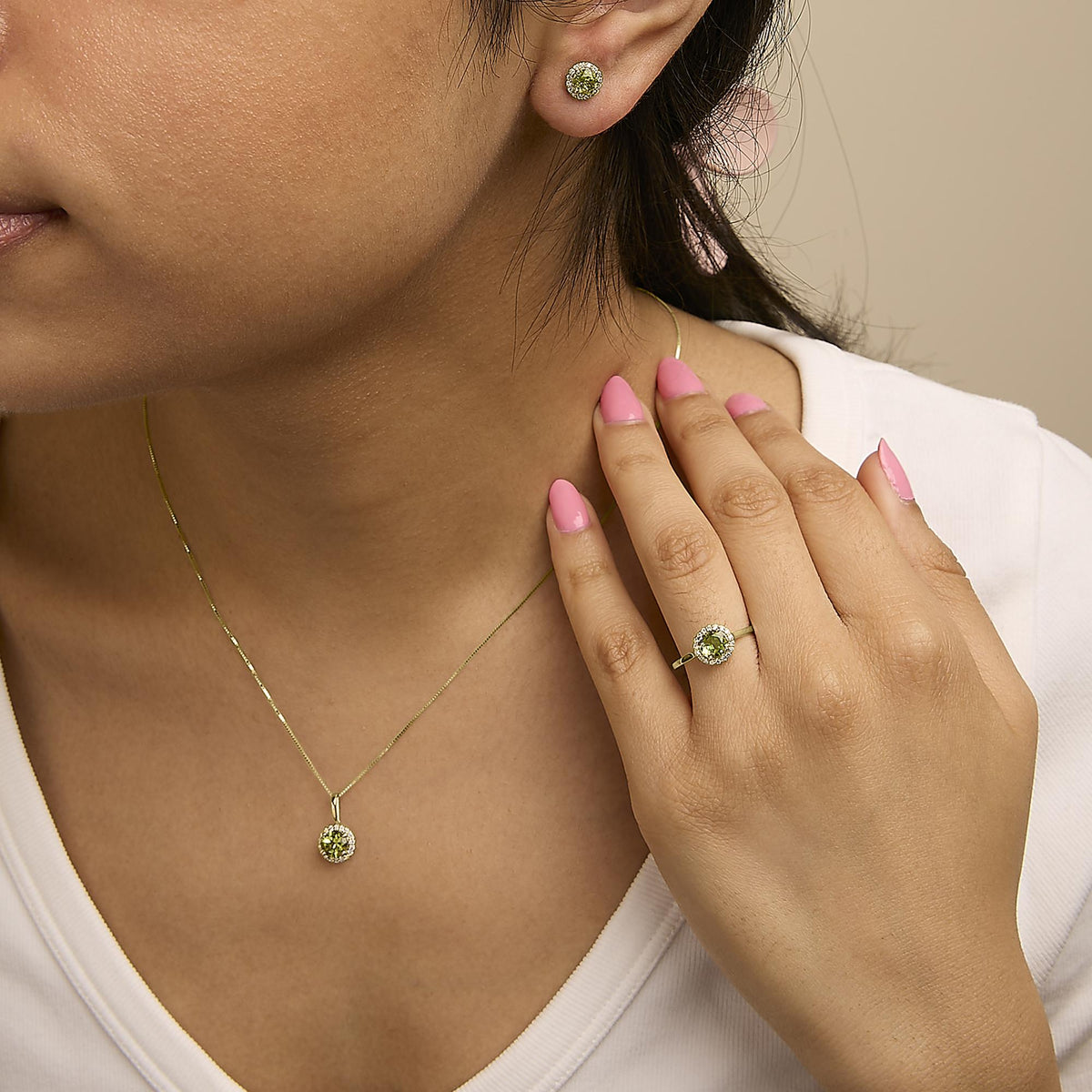 10K Gold Gemstone and 3/8 Cttw Diamond Halo Jewelry Set (Earrings, Pendant & Ring)