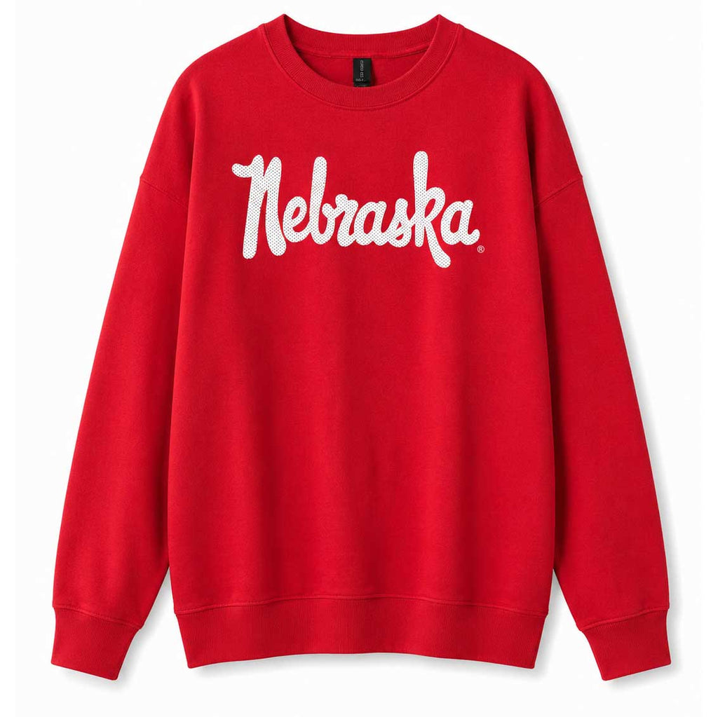 Nebraska Polka Dot Sewn Appliqué Red Licensed Women's Crewneck Sweatshirt | Multiple Sizes | H.Flynn Designs