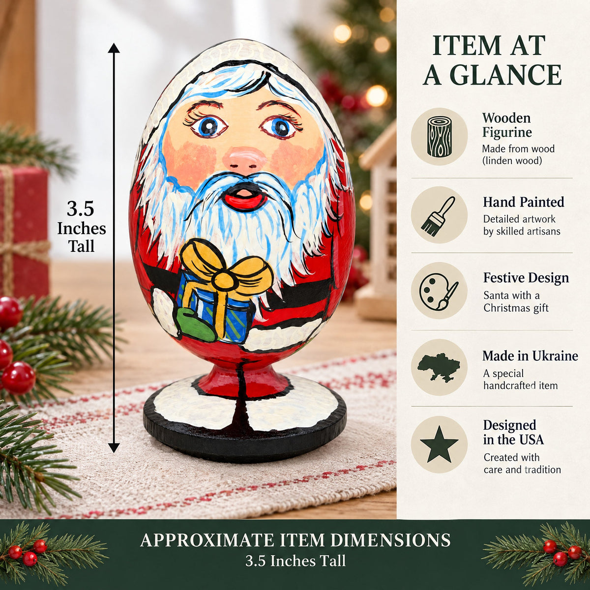 Santa Claus with Christmas Gift Wooden Figurine