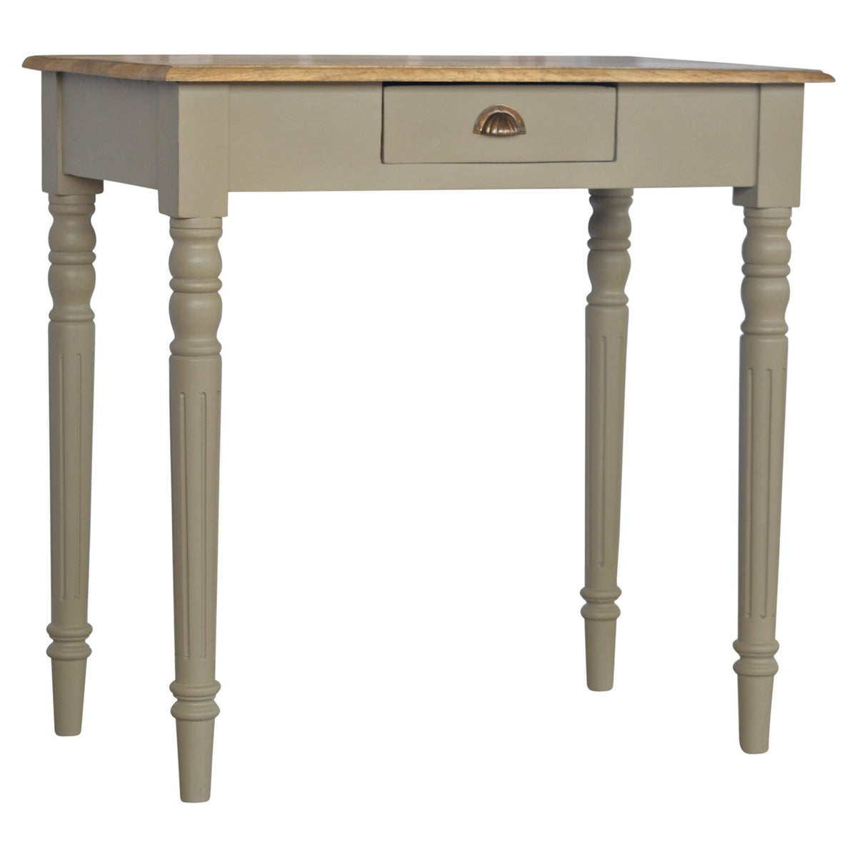 French Grey Solid Mango Wood Writing Desk – Oak-Ish Top & Fluted Legs