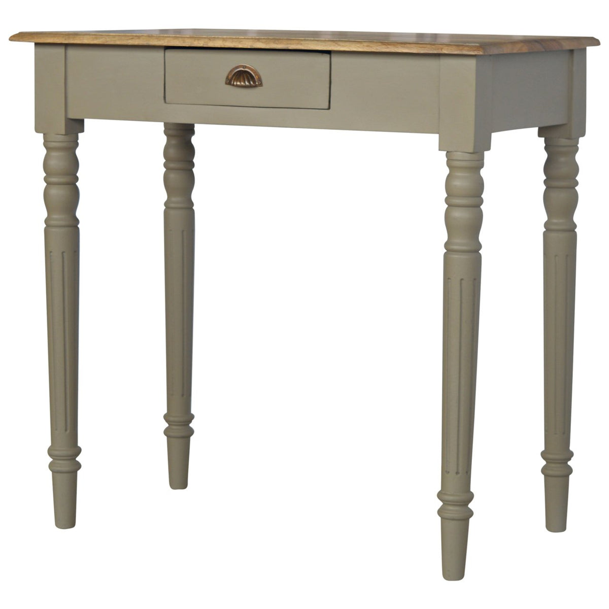 French Grey Solid Mango Wood Writing Desk – Oak-Ish Top & Fluted Legs