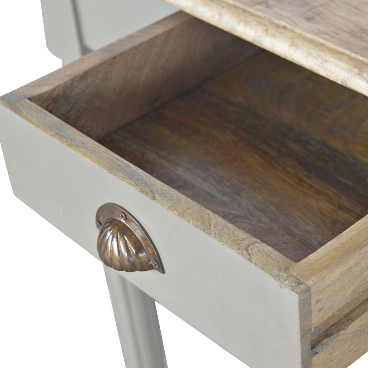 French Grey Solid Mango Wood Writing Desk – Oak-Ish Top & Fluted Legs