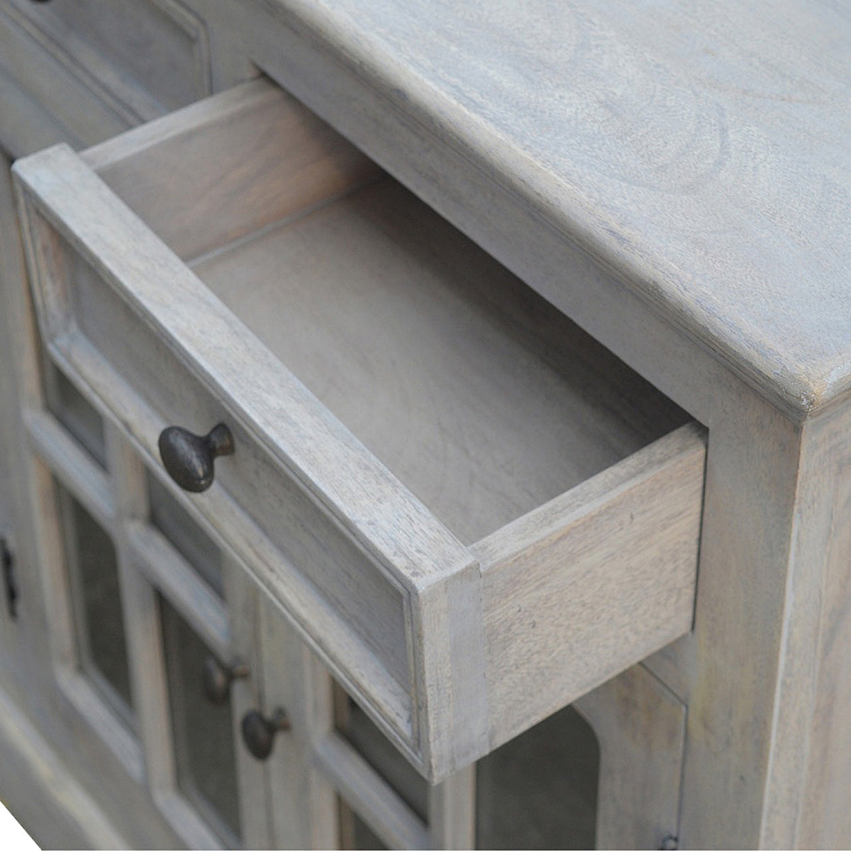 Solid Mango Wood Sideboard – Stone Acid-Wash Finish, Glazed Doors & Drawers