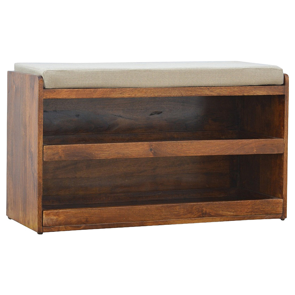 Solid Mango Wood Shoe Storage Bench – Mud Linen Seat for 6–8 Pairs