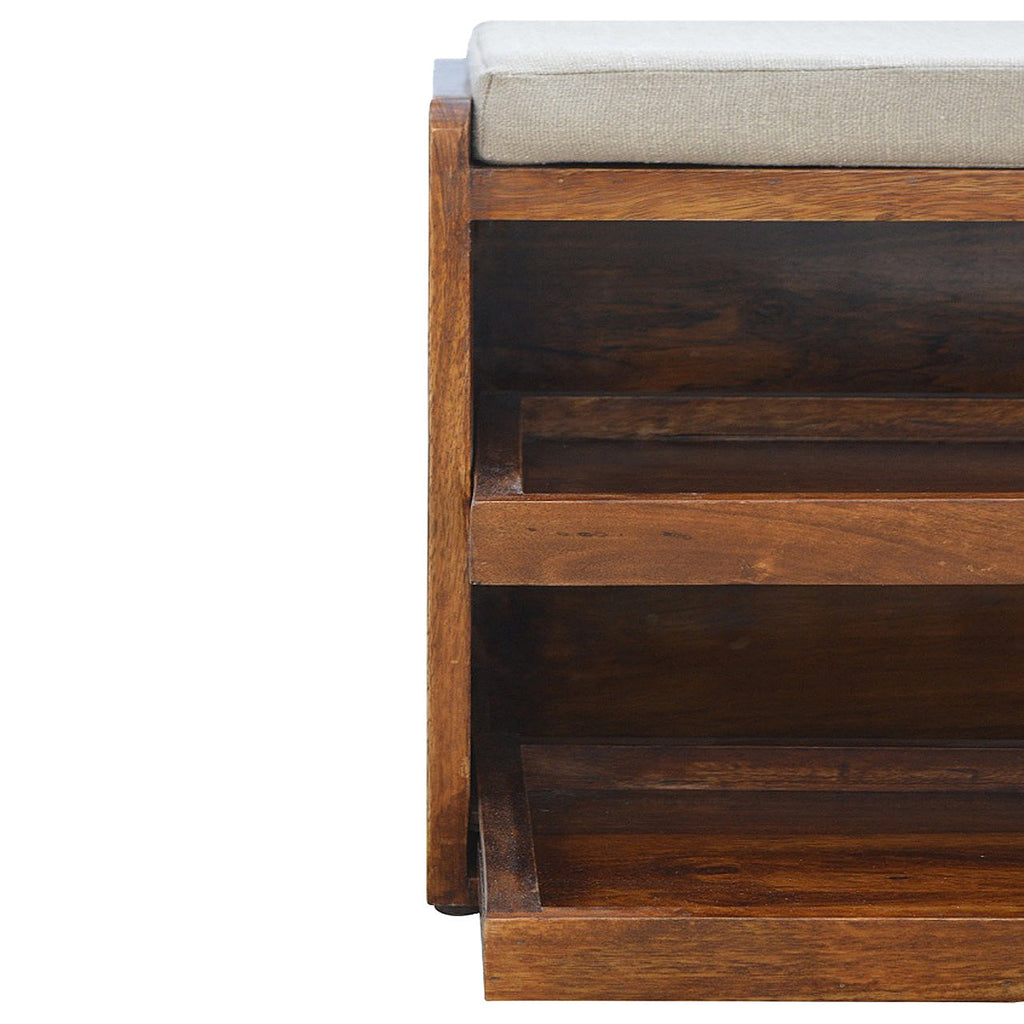 Solid Mango Wood Shoe Storage Bench – Mud Linen Seat for 6–8 Pairs
