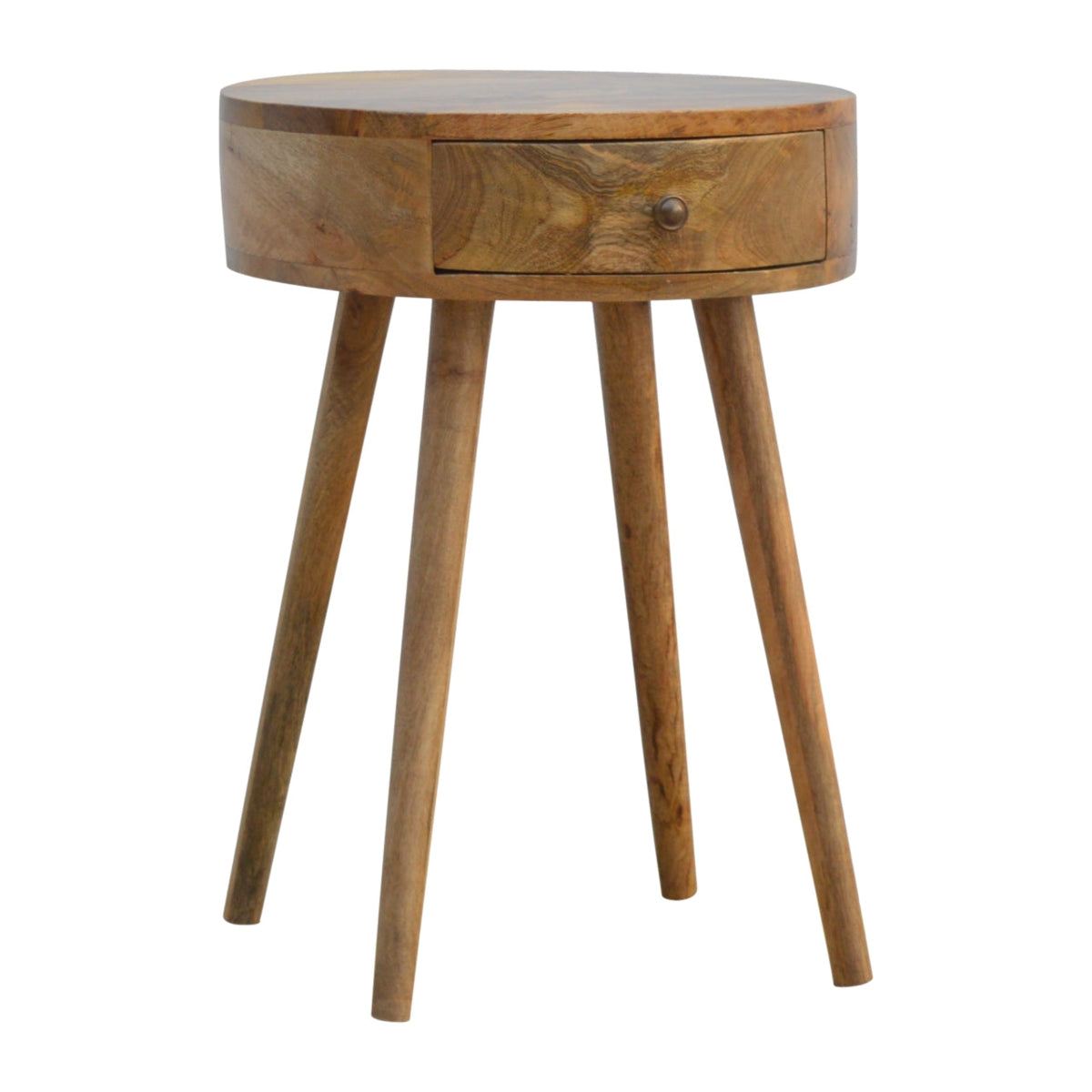 Nordic Circular Shaped Solid Mango Wood Nightstand – Oak-Ish Finish