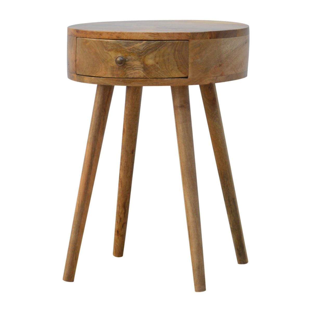 Nordic Circular Shaped Solid Mango Wood Nightstand – Oak-Ish Finish