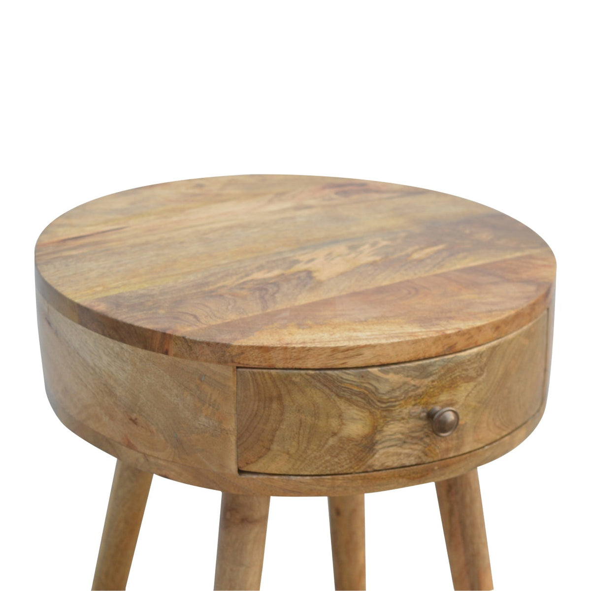 Nordic Circular Shaped Solid Mango Wood Nightstand – Oak-Ish Finish